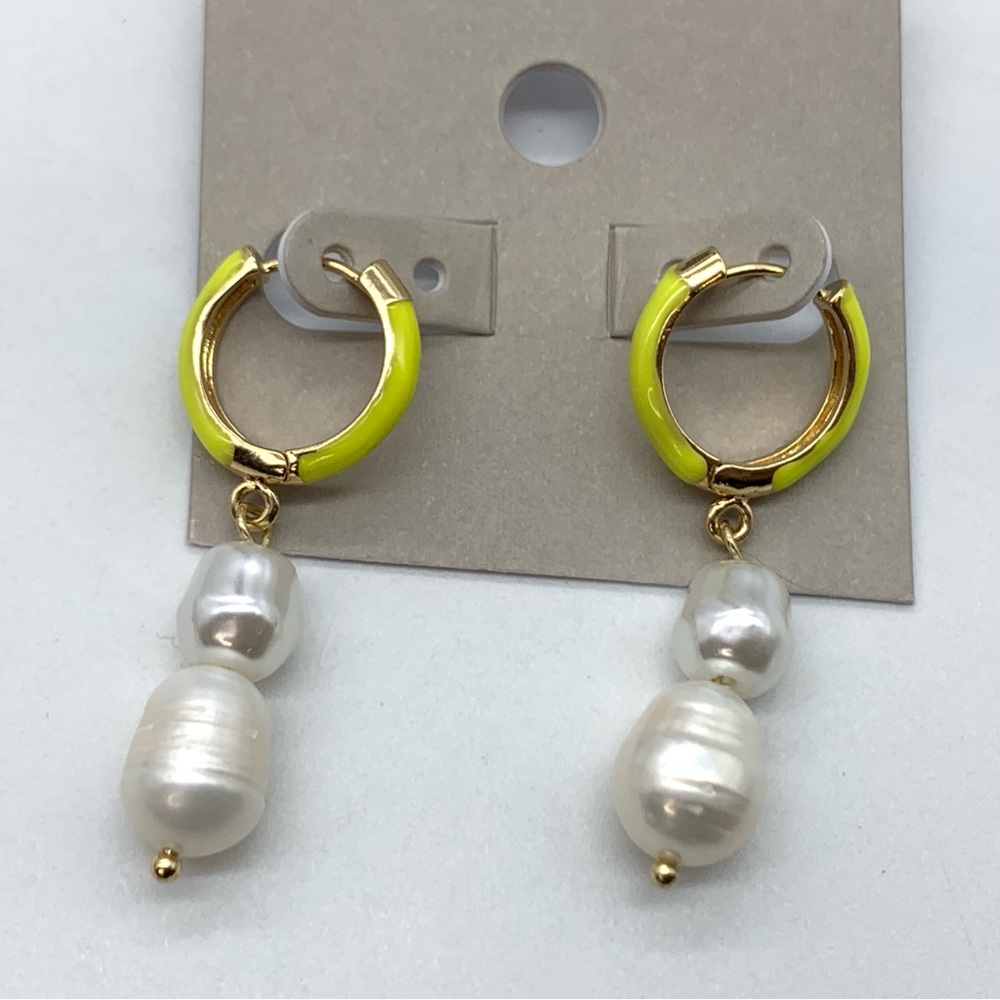 Yellow Green Pearl Drop Huggie Earrings